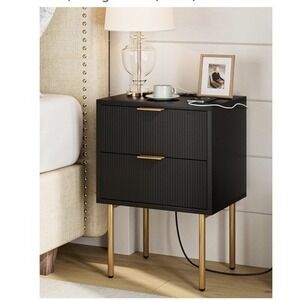 Nightstand with Charging Station,Mid-Century Modern Bedside Table W 2 Drawers